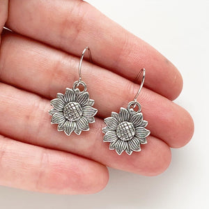 Silver Sunflower Earrings Gift for Her Dangly Sunflowers-Lydia's Vintage | Handmade Personalized Vintage Style Earrings and Ear Cuffs