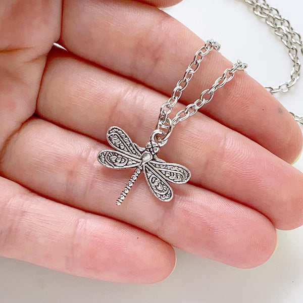Dragonfly Necklace Silver Dragonfly Jewelry Dragonfly Lover Gift for Women-Lydia's Vintage | Handmade Personalized Vintage Style Necklaces, Lockets, Earrings, Bracelets, Brooches, Rings