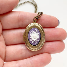 Load image into Gallery viewer, Rose Cameo Locket Necklace Purple Vintage Style Photo Locket Gift for Women