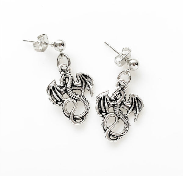 Dragon Earrings Silver Stud Earrings Dragon Jewelry Dangly Studs-Lydia's Vintage | Handmade Personalized Vintage Style Earrings and Ear Cuffs