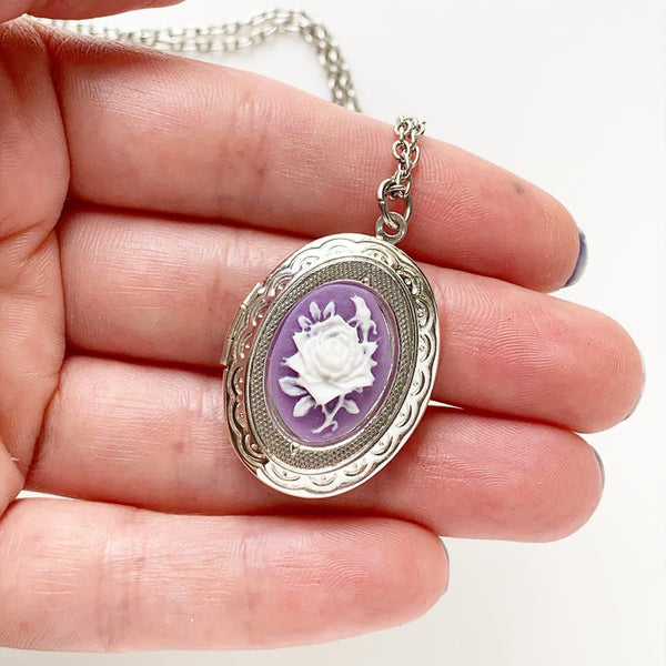 Rose Locket Necklace Cameo Locket Purple Flower Jewelry-Lydia's Vintage | Handmade Personalized Vintage Style Necklaces, Lockets, Earrings, Bracelets, Brooches, Rings
