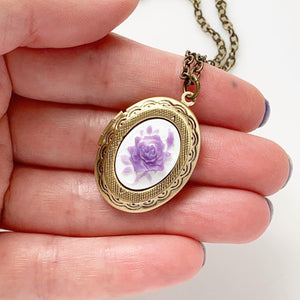 Rose Cameo Locket Necklace Purple Rose Gifts for Women