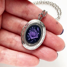 Load image into Gallery viewer, Rose Locket Cameo Necklace Silver Photo Pendant Gift for Her Purple Rose Jewelry