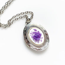 Load image into Gallery viewer, Purple Rose Cameo Locket Silver Photo Locket Gift for Women