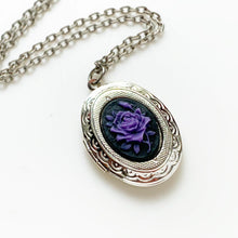 Load image into Gallery viewer, Rose Locket Cameo Necklace Silver Photo Pendant Gift for Her Purple Rose Jewelry