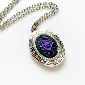 Rose Locket Cameo Necklace Silver Photo Pendant Gift for Her Purple Rose Jewelry