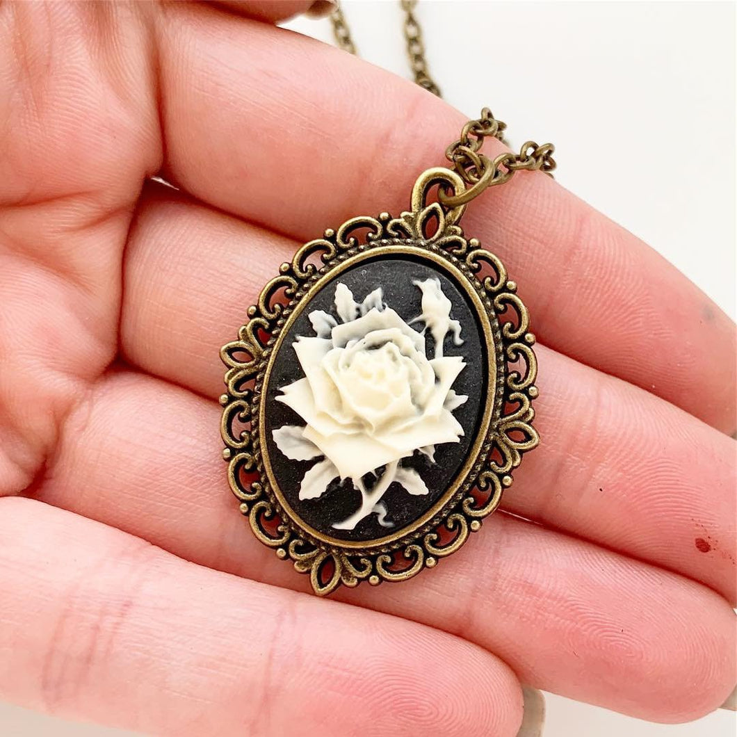 Rose Cameo Necklace Cameo Jewelry Rose Pendant-Lydia's Vintage | Handmade Personalized Vintage Style Necklaces, Lockets, Earrings, Bracelets, Brooches, Rings