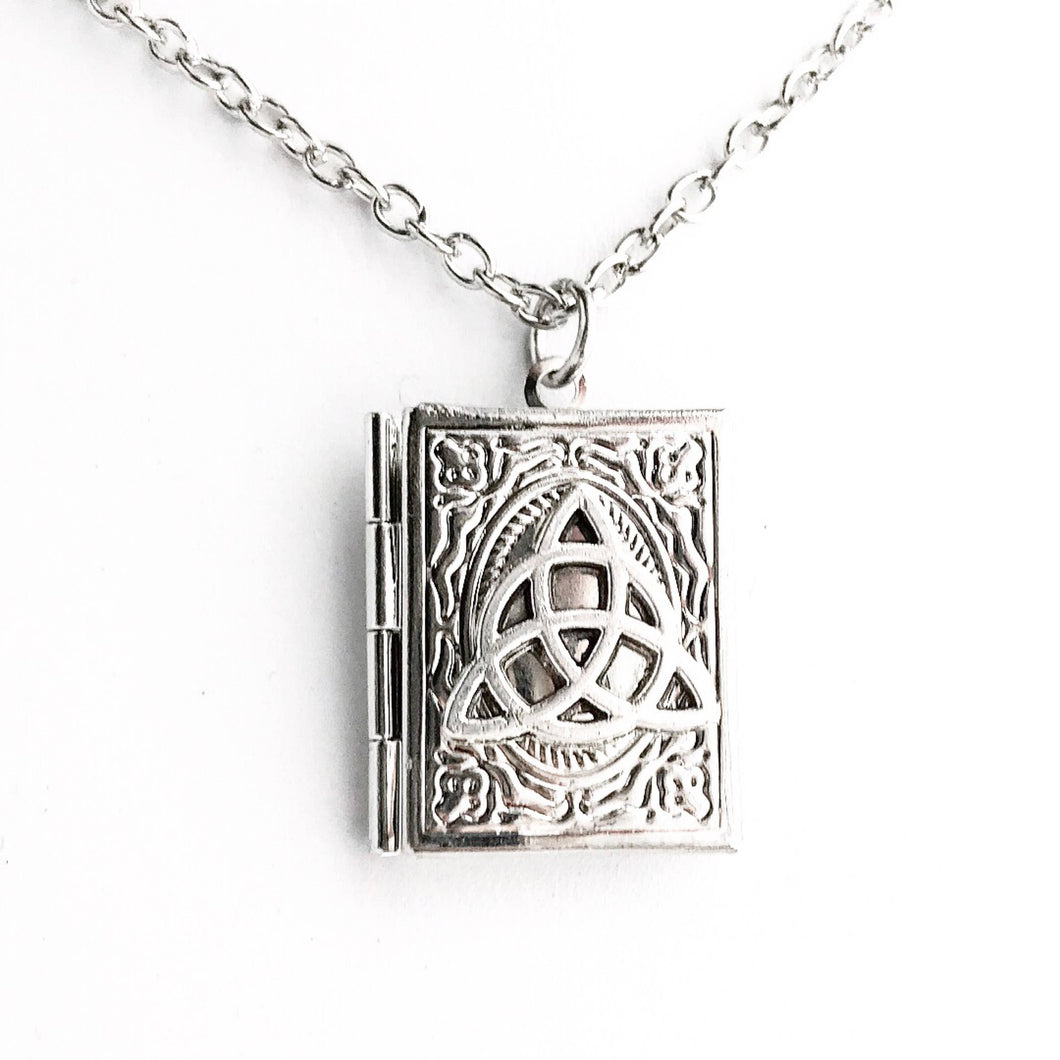 Celtic Knot Book Locket Necklace Silver Celtic Jewelry Pendant Triquetra Trinity Knot-Lydia's Vintage | Handmade Personalized Vintage Style Necklaces, Lockets, Earrings, Bracelets, Brooches, Rings