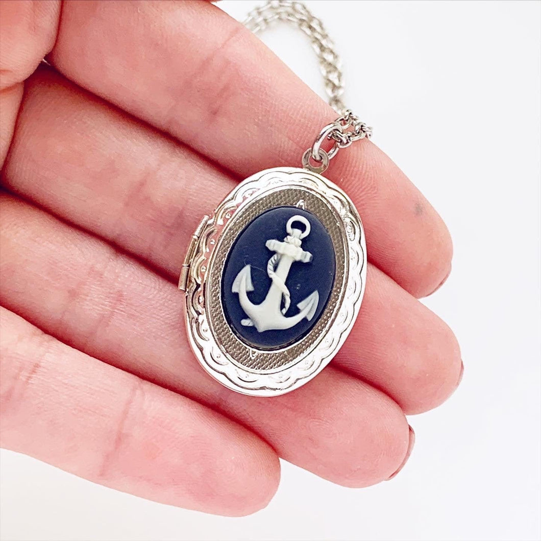 Anchor Cameo Locket Necklace Photo Locket Cameo Jewelry Navy Locket