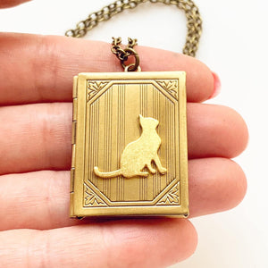 Cat Locket Necklace Book Locket Pendant Cat Jewelry Cat Lover Gift-Lydia's Vintage | Handmade Personalized Vintage Style Necklaces, Lockets, Earrings, Bracelets, Brooches, Rings