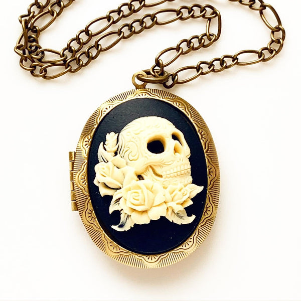 Skull Cameo Locket Pirate Costume Day of the Dead Sugar Skull-Lydia's Vintage | Handmade Custom Cosplay, Pirate Inspired Style Necklaces, Earrings, Bracelets, Brooches, Rings