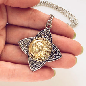 Sun and Moon Necklace Sun Pendant Gold and Silver Celestial Jewelry-Lydia's Vintage | Handmade Personalized Vintage Style Necklaces, Lockets, Earrings, Bracelets, Brooches, Rings