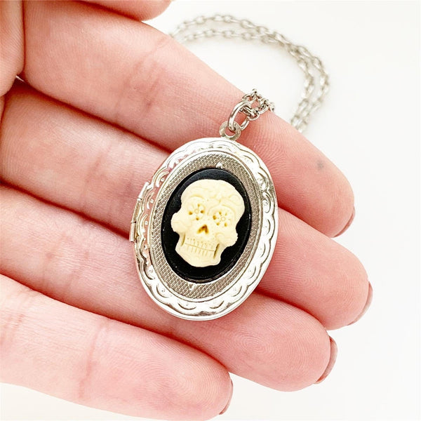 Skull Locket Necklace Sugar Skull Day of the Dead Cameo Locket-Lydia's Vintage | Handmade Personalized Vintage Style Necklaces, Lockets, Earrings, Bracelets, Brooches, Rings