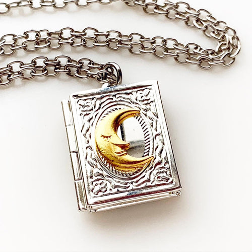 Moon Book Locket Necklace Book Lover Gift Photo Locket