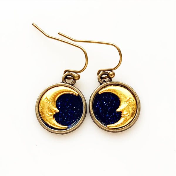 Moon Earrings Blue Night Sky Celestial Starry Earrings-Lydia's Vintage | Handmade Personalized Vintage Style Earrings and Ear Cuffs