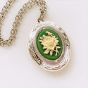 Green Rose Locket Cameo Necklace Silver Rose Pendant-Lydia's Vintage | Handmade Personalized Vintage Style Necklaces, Lockets, Earrings, Bracelets, Brooches, Rings