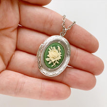 Load image into Gallery viewer, Green Rose Locket Cameo Necklace Silver Rose Pendant-Lydia&#39;s Vintage | Handmade Personalized Vintage Style Necklaces, Lockets, Earrings, Bracelets, Brooches, Rings