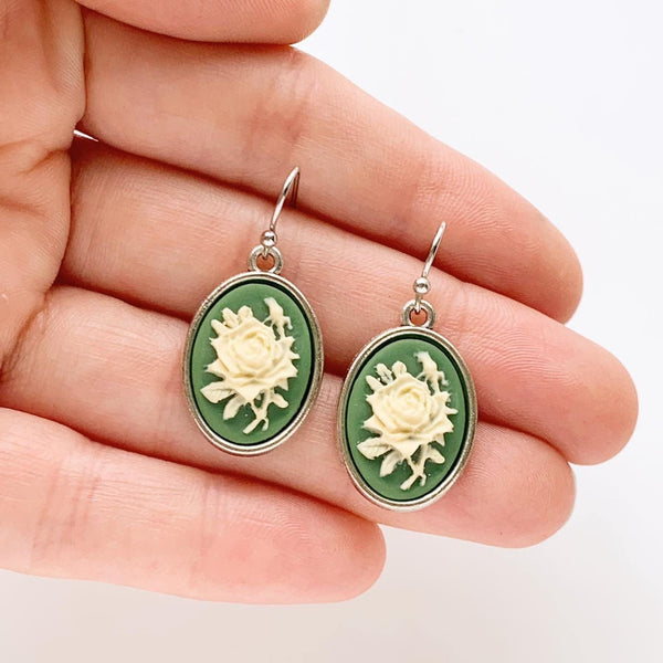 Rose Cameo Earrings Green Irish Rose Jewelry Vintage Style Gift for Her-Lydia's Vintage | Handmade Personalized Vintage Style Earrings and Ear Cuffs