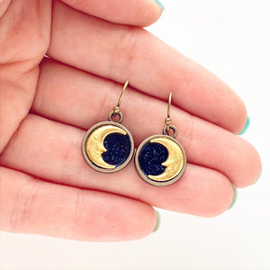 Moon Earrings Blue Night Sky Celestial Starry Earrings-Lydia's Vintage | Handmade Personalized Vintage Style Earrings and Ear Cuffs