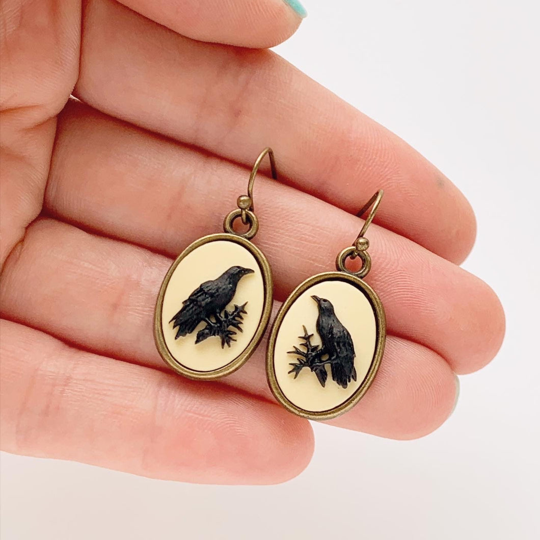 Raven Cameo Earrings Crow Jewelry Edgar Allan Poe-Lydia's Vintage | Handmade Personalized Vintage Style Earrings and Ear Cuffs