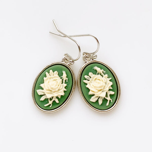 Rose Cameo Earrings Green Irish Rose Jewelry Vintage Style Gift for Her-Lydia's Vintage | Handmade Personalized Vintage Style Earrings and Ear Cuffs