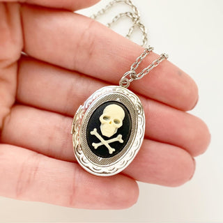 Skull and Crossbones Jolly Roger Locket Skull Necklace Cameo Locket Pirate Costume-Lydia's Vintage | Handmade Custom Cosplay, Pirate Inspired Style Necklaces, Earrings, Bracelets, Brooches, Rings