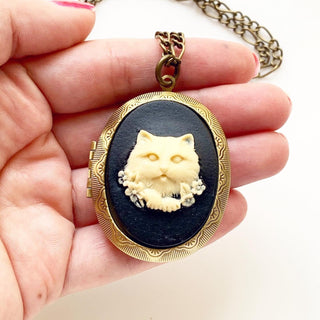 Cat Locket Necklace Memoriam Cat Gifts Cat Cameo-Lydia's Vintage | Handmade Personalized Vintage Style Necklaces, Lockets, Earrings, Bracelets, Brooches, Rings