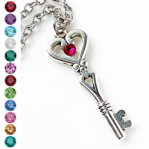 Birthstone Necklace Skeleton Key Necklace Personalized Heart Key Gift for Her