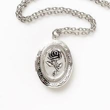 Load image into Gallery viewer, Rose Locket Necklace Silver Photo Locket Floral Jewelry-Lydia&#39;s Vintage | Handmade Personalized Vintage Style Necklaces, Lockets, Earrings, Bracelets, Brooches, Rings