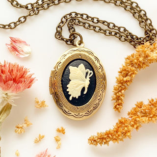 Butterfly Cameo Locket Necklace Butterfly Jewelry-Lydia's Vintage | Handmade Personalized Vintage Style Necklaces, Lockets, Earrings, Bracelets, Brooches, Rings