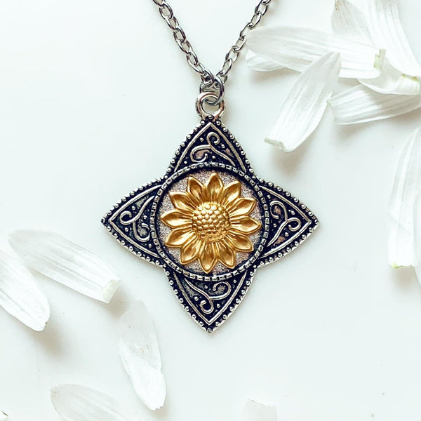 Sunflower Necklace Two Tone Silver Sunflower Pendant-Lydia's Vintage | Handmade Personalized Vintage Style Necklaces, Lockets, Earrings, Bracelets, Brooches, Rings