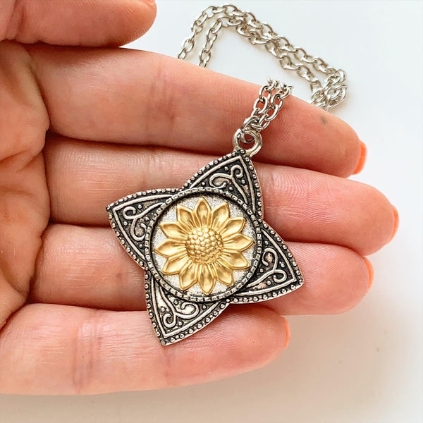 Sunflower Necklace Two Tone Silver Sunflower Pendant-Lydia's Vintage | Handmade Personalized Vintage Style Necklaces, Lockets, Earrings, Bracelets, Brooches, Rings