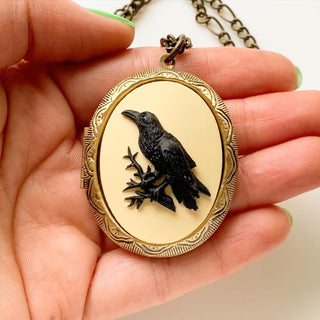 Raven Locket Necklace Crow Jewelry Edgar Allan Poe Cameo Raven Gift-Lydia's Vintage | Handmade Personalized Vintage Style Necklaces, Lockets, Earrings, Bracelets, Brooches, Rings