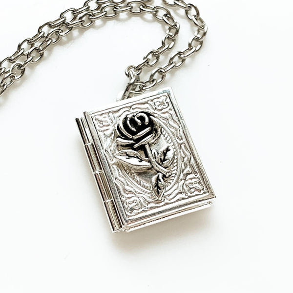 Rose Book Locket Necklace Book Lover Jewelry-Lydia's Vintage | Handmade Personalized Vintage Style Necklaces, Lockets, Earrings, Bracelets, Brooches, Rings