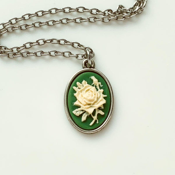Rose Cameo Necklace Green Irish Rose Pendant Gifts for Her-Lydia's Vintage | Handmade Personalized Vintage Style Necklaces, Lockets, Earrings, Bracelets, Brooches, Rings