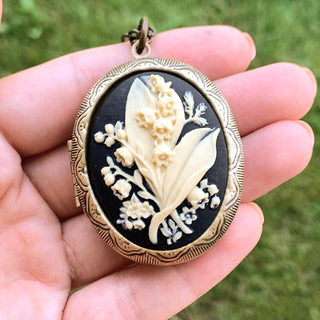 Lily of the Valley Locket Necklace Floral Cameo Locket-Lydia's Vintage | Handmade Personalized Vintage Style Necklaces, Lockets, Earrings, Bracelets, Brooches, Rings