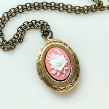 Load image into Gallery viewer, Pink Rose Locket Cameo Necklace Gift for Her Rose Jewelry
