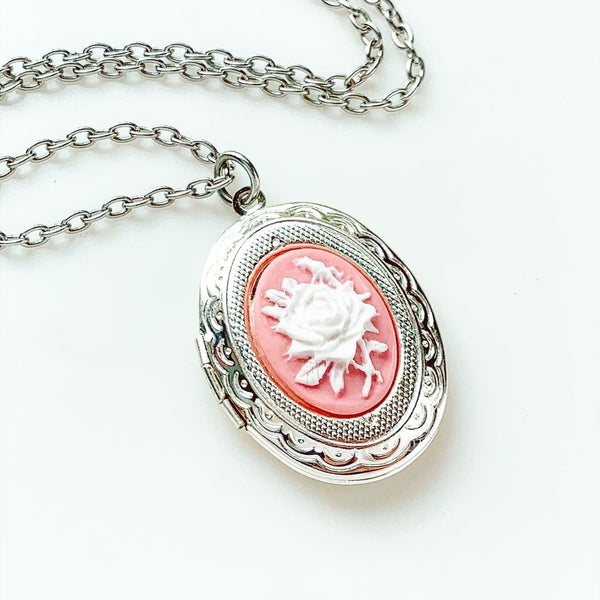 Rose Cameo Locket Necklace Flower Locket Pendant Gift for Women-Lydia's Vintage | Handmade Personalized Vintage Style Necklaces, Lockets, Earrings, Bracelets, Brooches, Rings