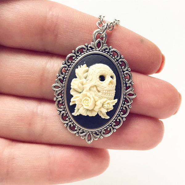 Skull Necklace Skull Cameo Gothic Jewelry-Lydia's Vintage | Handmade Personalized Vintage Style Necklaces, Lockets, Earrings, Bracelets, Brooches, Rings