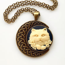 Load image into Gallery viewer, Celtic Cat Necklace Cat Cameo Celtic Moon Necklace