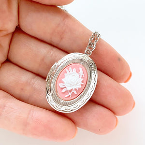 Rose Cameo Locket Necklace Flower Locket Pendant Gift for Women