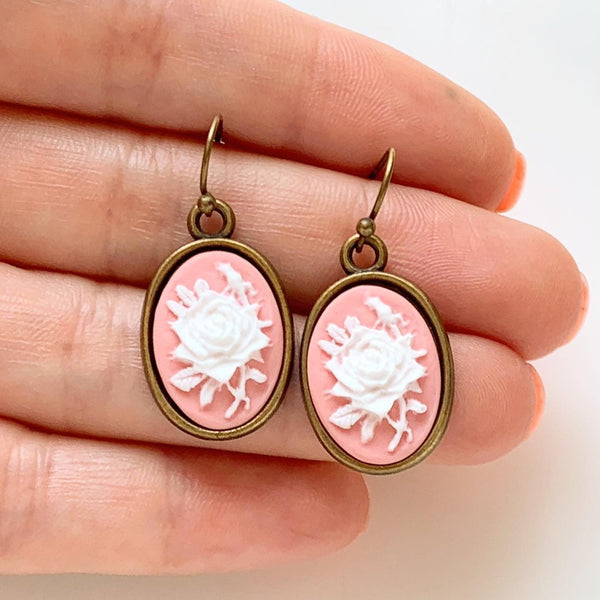 Rose Cameo Earrings Cameo Jewelry Rose Earrings Gift for Women-Lydia's Vintage | Handmade Personalized Vintage Style Earrings and Ear Cuffs
