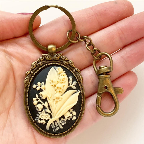 Lily of the Valley Keychain Cameo Keychain Floral Accessories-Lydia's Vintage | Handmade Personalized Bookmarks, Keychains