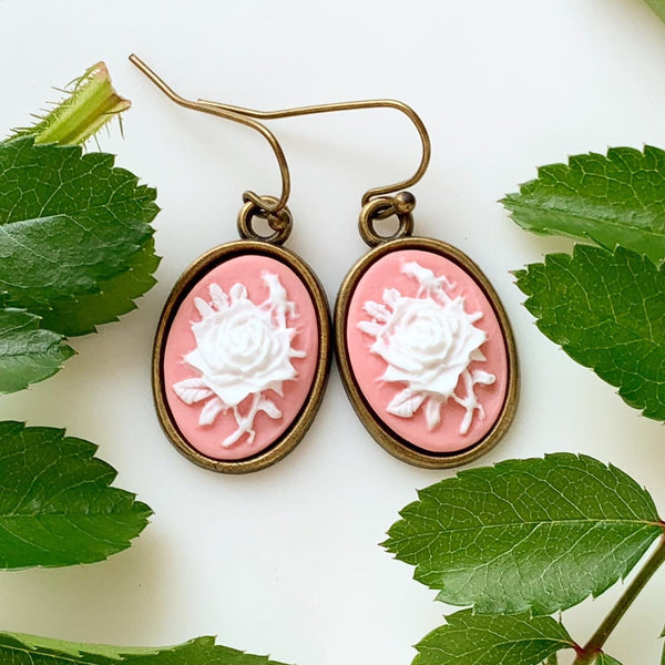 Rose Cameo Earrings Cameo Jewelry Rose Earrings Gift for Women-Lydia's Vintage | Handmade Personalized Vintage Style Earrings and Ear Cuffs