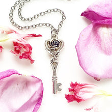 Load image into Gallery viewer, Rose and Key Necklace Skeleton Key Jewelry