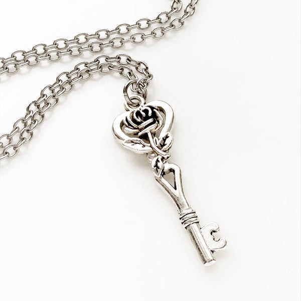 Rose and Key Necklace Skeleton Key Jewelry-Lydia's Vintage | Handmade Personalized Vintage Style Necklaces, Lockets, Earrings, Bracelets, Brooches, Rings