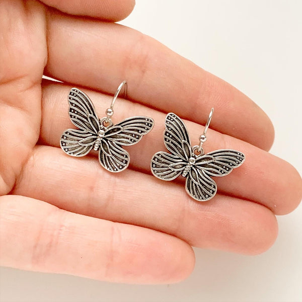 Silver Butterfly Earrings Gifts for Her Butterfly Lover Jewelry-Lydia's Vintage | Handmade Personalized Vintage Style Earrings and Ear Cuffs
