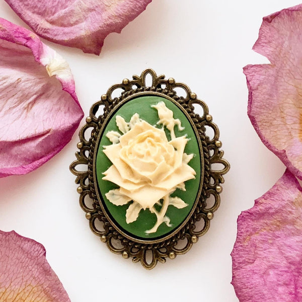 Rose Cameo Brooch Green Irish Rose Pin Cameo Jewelry-Lydia's Vintage | Handmade Vintage Style Jewelry, Brooches, Pins, Necklaces, Bracelets
