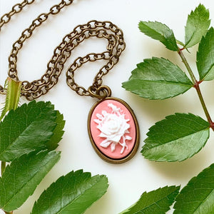 Rose Cameo Necklace Pink and White Roses Necklace