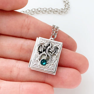 Dragon Book Locket Necklace Birthstone Locket-Lydia's Vintage | Handmade Personalized Vintage Style Necklaces, Lockets, Earrings, Bracelets, Brooches, Rings